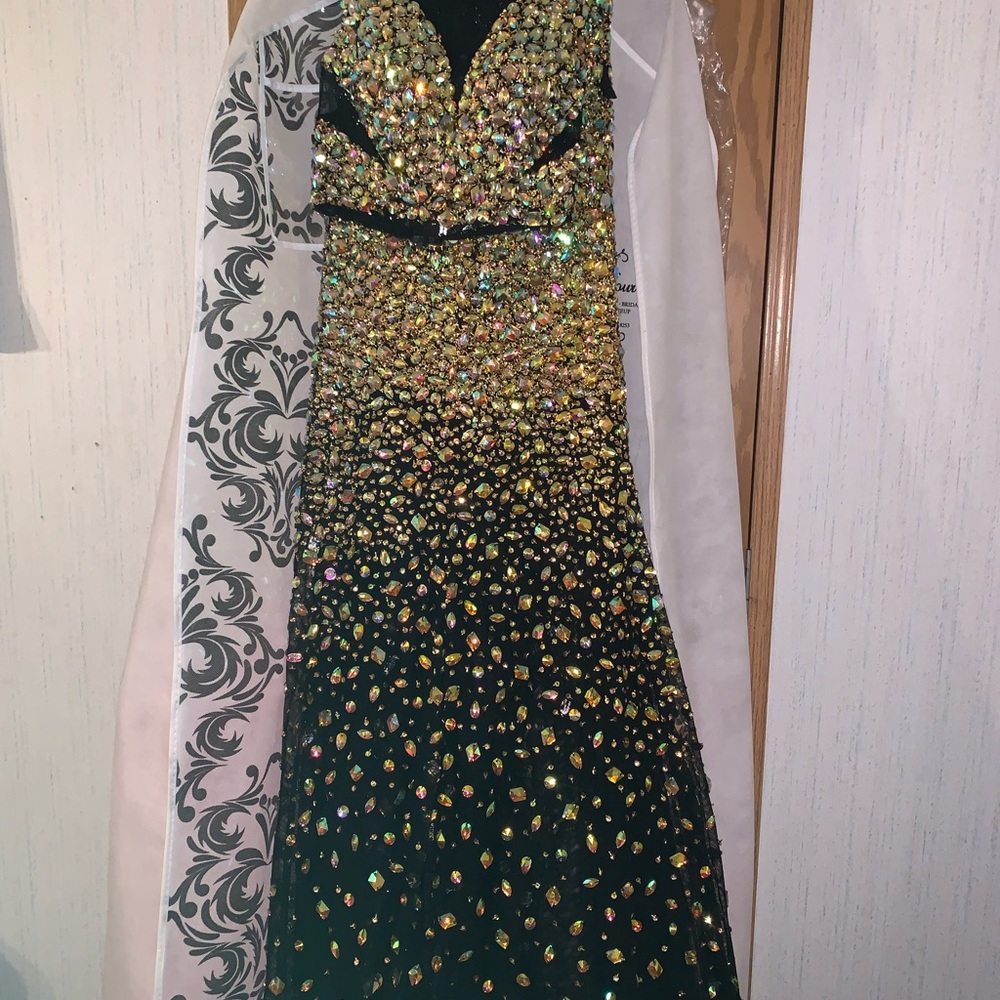 A Black iridescent diamond ombré prom dress (two piece) .